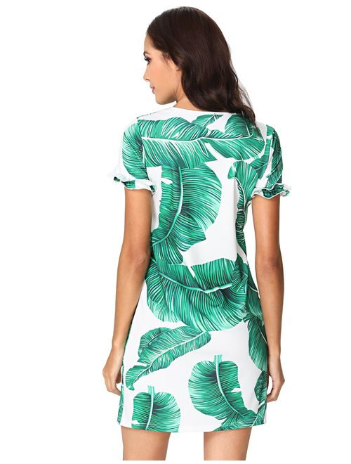Floerns Women's Palm Leaf Print Short Sleeve Summer Dress