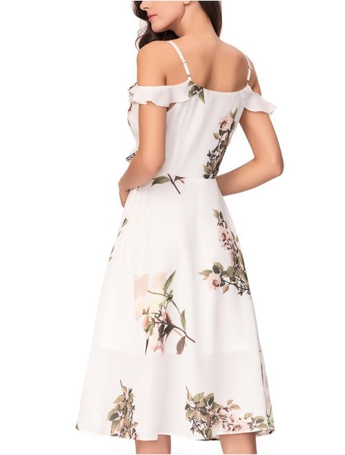Noctflos Women's Summer Floral Cold Shoulder Midi Dress for Casual Cocktail Wedding Guest