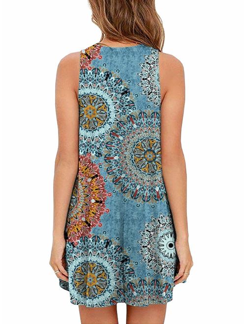 PrinStory Women Summer Floral Print Casual T Shirt Dresses Beach Cover Up Plain Pleated Tank Dress