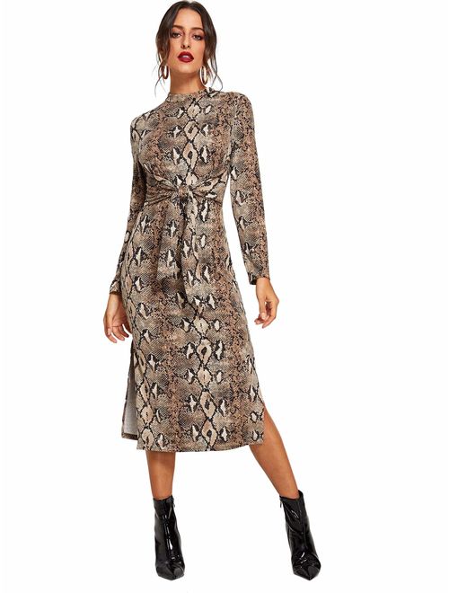 Floerns Women's Snakeskin Print Long Sleeve Tie Waist Midi Dress