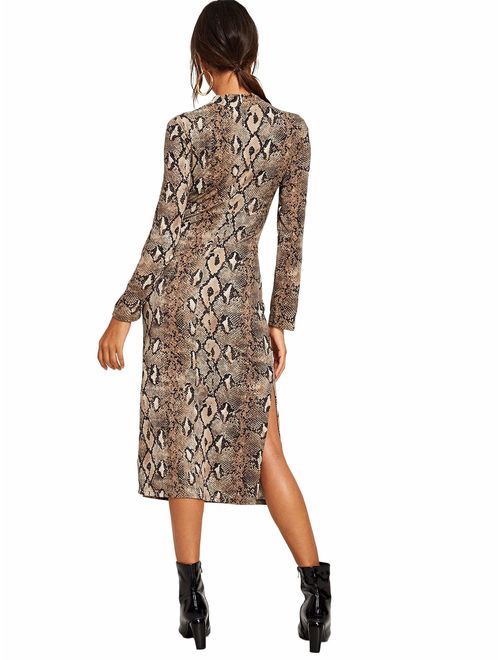Floerns Women's Snakeskin Print Long Sleeve Tie Waist Midi Dress