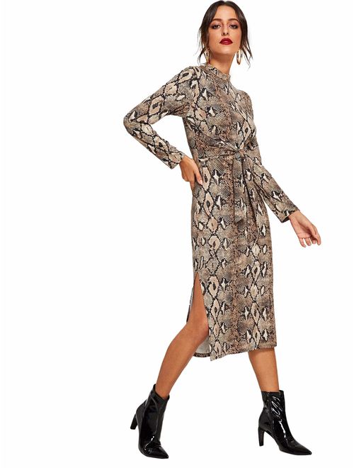 Floerns Women's Snakeskin Print Long Sleeve Tie Waist Midi Dress