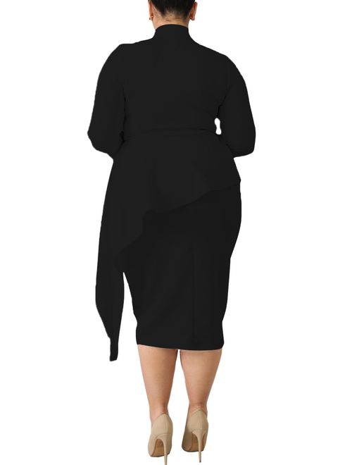 LALAGEN Women's Plus Size Long Sleeve Peplum Tie Neck Bodycon Pencil Midi Dress