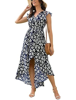 Women's Summer Floral Print Cross V Neck Dress Bohemian Flowy Long Maxi Dresse