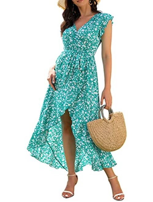 GRECERELLE Women's Summer Floral Print Cross V Neck Dress Bohemian Flowy Long Maxi Dresse