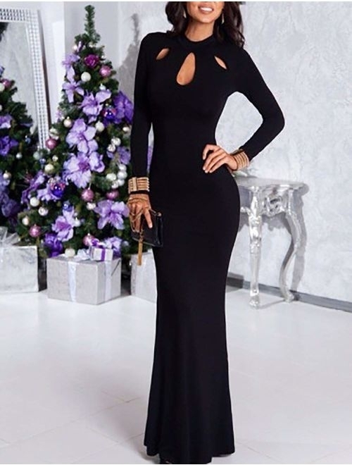 Leezeshaw Women's Elegant Slim Long Sleeve Hollow Out Bodycon Maxi Dress