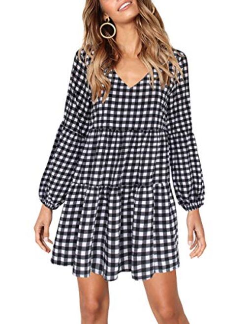 Cosonsen Womens Printed Swing Shift Dress Long Sleeve V Neck Tunic Dress