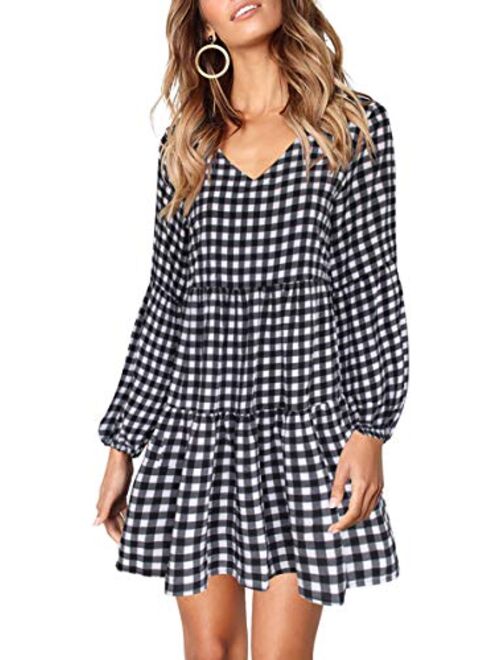 Cosonsen Womens Printed Swing Shift Dress Long Sleeve V Neck Tunic Dress