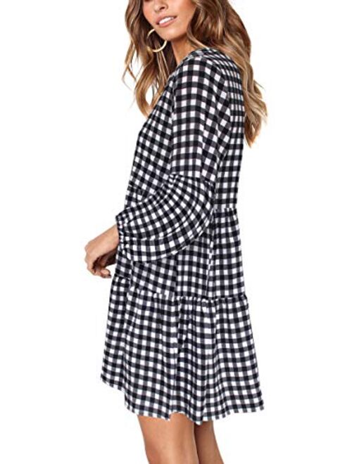 Cosonsen Womens Printed Swing Shift Dress Long Sleeve V Neck Tunic Dress