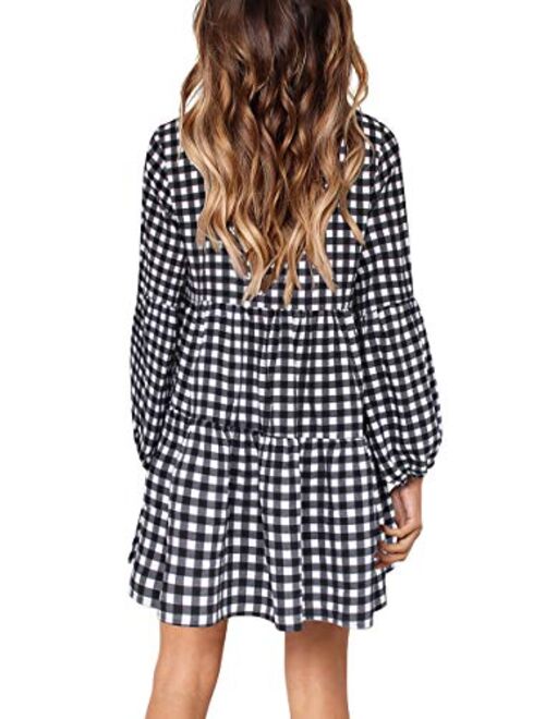 Cosonsen Womens Printed Swing Shift Dress Long Sleeve V Neck Tunic Dress