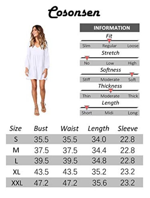 Cosonsen Womens Printed Swing Shift Dress Long Sleeve V Neck Tunic Dress
