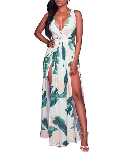 Meenew Sleeveless Deep V Neck Boho Floral Print Double High Slit Beach Maxi Dress
