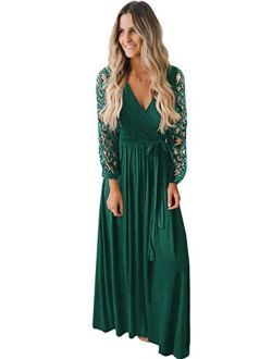 Kranda Womens Vintage Floral Lace Long Sleeve Wrap V Neck Party Long Maxi Dress