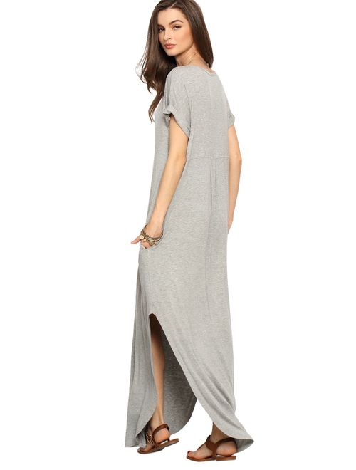 Verdusa Women's V Neck Side Pockets Split Hem Beach Long Maxi Dress