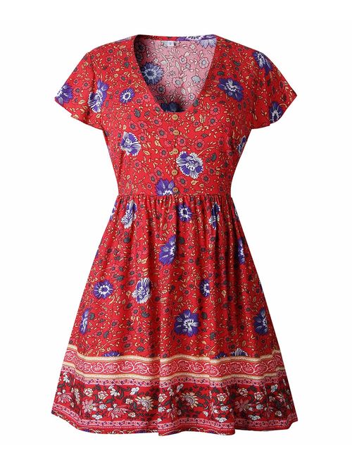 KIRUNDO Women's 2020 Summer Hot Short Sleeve V-Neck High Waist Floral Print Mini Boho Sun Dress with Button