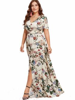 Women's Button Up Split Floral Print Flowy Party Maxi Dress