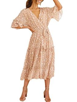 Miessial Chiffon V Neck Floral Boho Beach Front Slit Maxi Dress With Belt