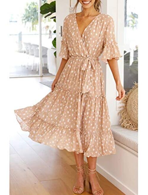 Miessial Chiffon V Neck Floral Boho Beach Front Slit Maxi Dress With Belt