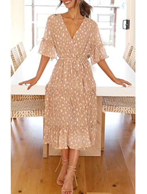 Miessial Chiffon V Neck Floral Boho Beach Front Slit Maxi Dress With Belt