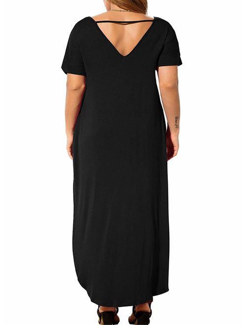 Nemidor Women's Casual Loose Pocket Long Dress Short Sleeve Plus Size Slit Maxi Dress