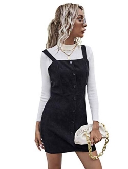 Women's Corduroy Button Down Pinafore Overall Dress with Pockets