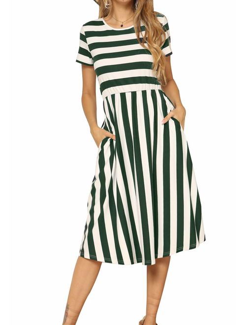 levaca Women's Casual Short Sleeve Striped Swing Midi Dress with Pockets