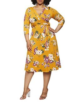 Pink Queen Women's Plus Size 3/4 Sleeve Faux Wrap Floral Dress with Belt