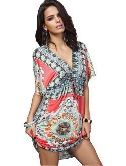 Agio Womens Lace Short Sleeves Princess Dress Printing Beach Cover-up
