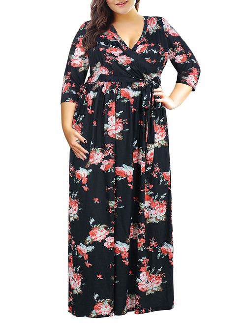 Nemidor Womens 3/4 Sleeve Floral Print Plus Size Casual Party Maxi Dress
