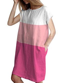 Famulily Women's Oversized 3 4 Sleeve Two Tone Colors Loose T Shirt Dress with Pockets