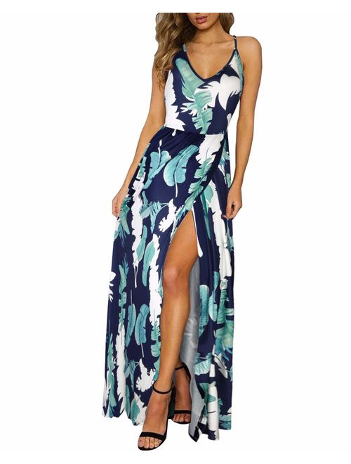 ULTRANICE Women's Summer Floral Tie Back Adjustable Spaghetti Strap Maxi Dress Split