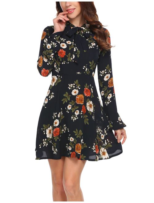 ACEVOG Women's Casual Floral Print Bell Sleeve Fit and Flare Dress