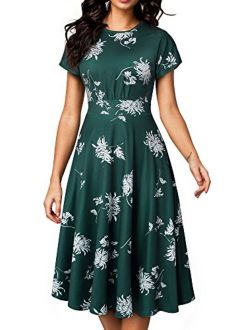 HOMEYEE Women's Short Sleeve Floral Casual Aline Midi Dress A102