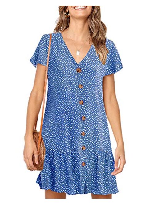 Imysty Womens Polka Dot V Neck Button Down Ruffles Loose Mini Short T-Shirt Dress
