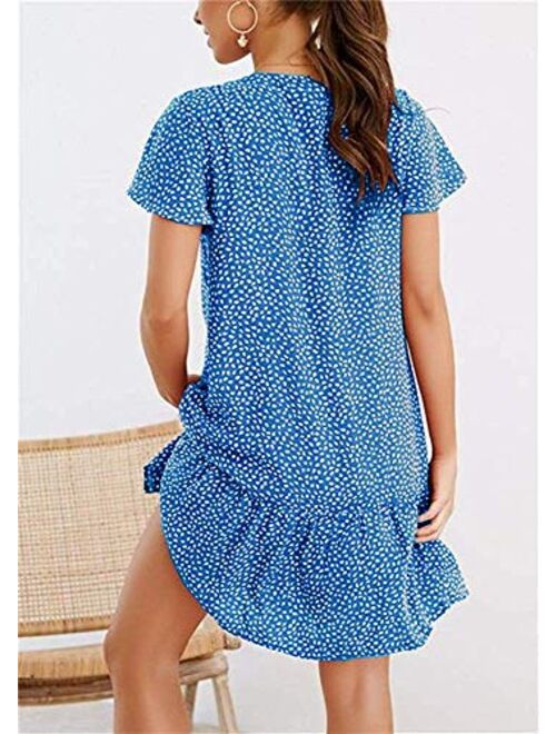 Imysty Womens Polka Dot V Neck Button Down Ruffles Loose Mini Short T-Shirt Dress