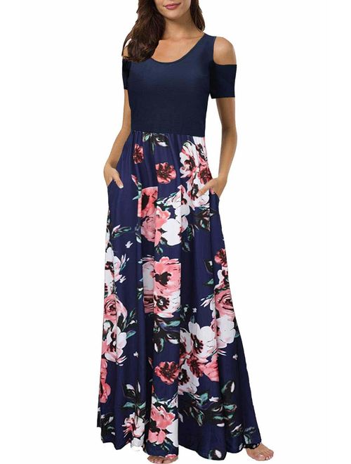 Kancystore Cold Shoulder Short Sleeve Floral Printed Maxi Dresses With Pockets