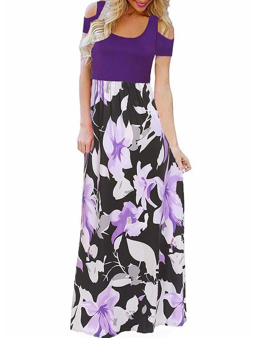 Kancystore Cold Shoulder Short Sleeve Floral Printed Maxi Dresses With Pockets