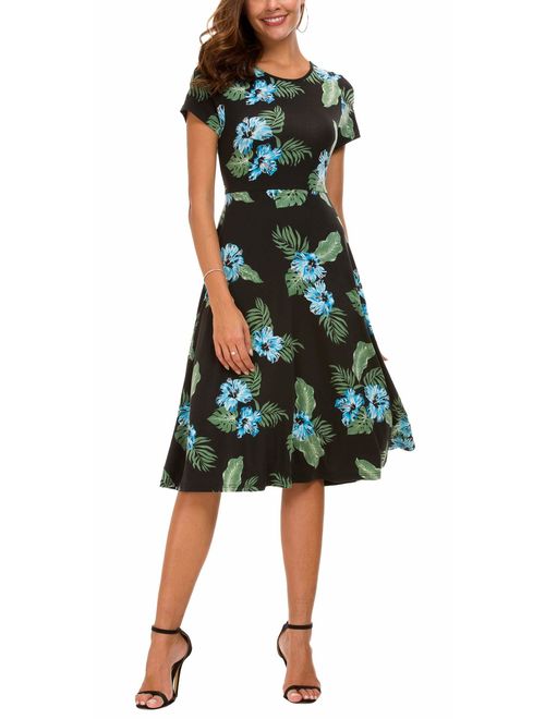 Urban CoCo Women's Floral Print Short Sleeve Flared Midi Dress