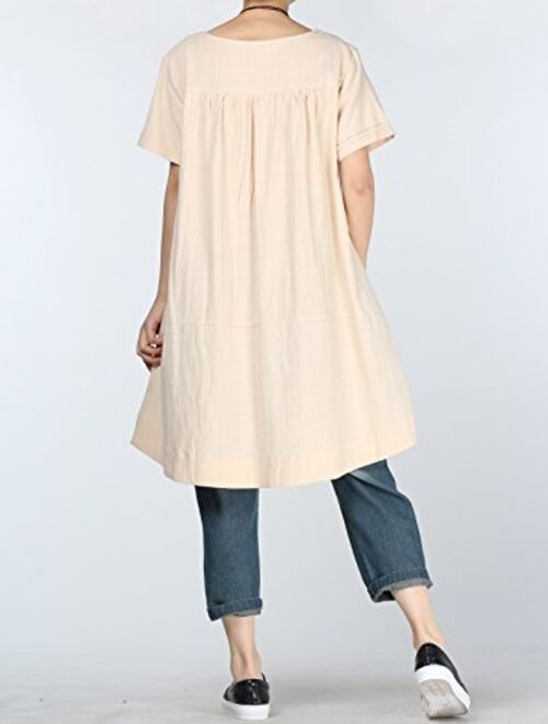 Mordenmiss Women's Cotton Linen Tunic Tops Hi-Low Dresses with Pockets