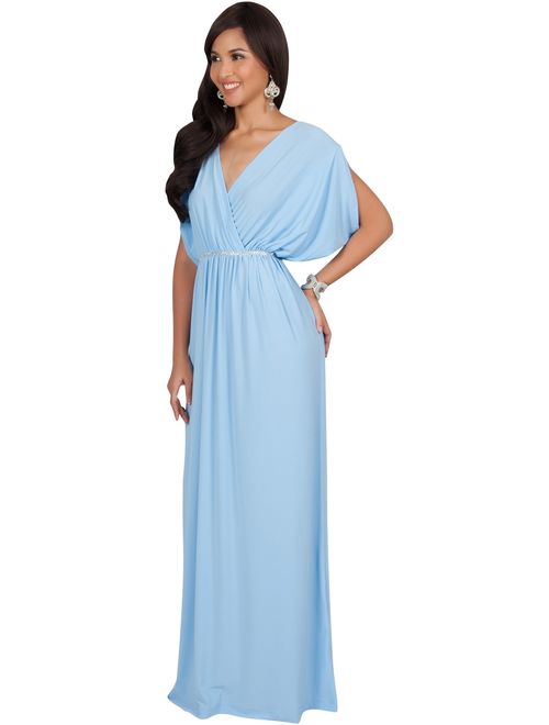 koh koh Womens Long Dolman Sleeve Wrap V-Neck Maternity Bridesmaid Maxi Dress