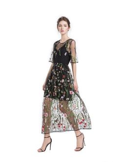 BaronHong Women's Floral Embroidered Tulle Prom Maxi Dress with Cami Dress 3/4 Sleeves
