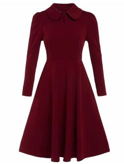 Women's Petite Vintage 1950s Retro Collared Long Sleeve Fit and Flare Swing Party Dress