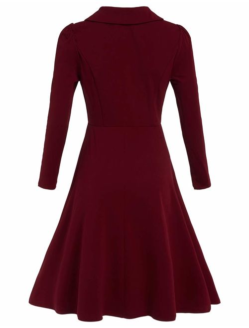 Romwe Women's Petite Vintage 1950s Retro Collared Long Sleeve Fit and Flare Swing Party Dress