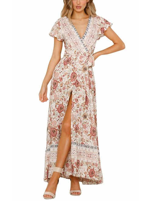 Yidarton Women's Summer Bohemian Wrap V Neck Floral Printed Short Sleeve Beach Casual Long Maxi Dresses