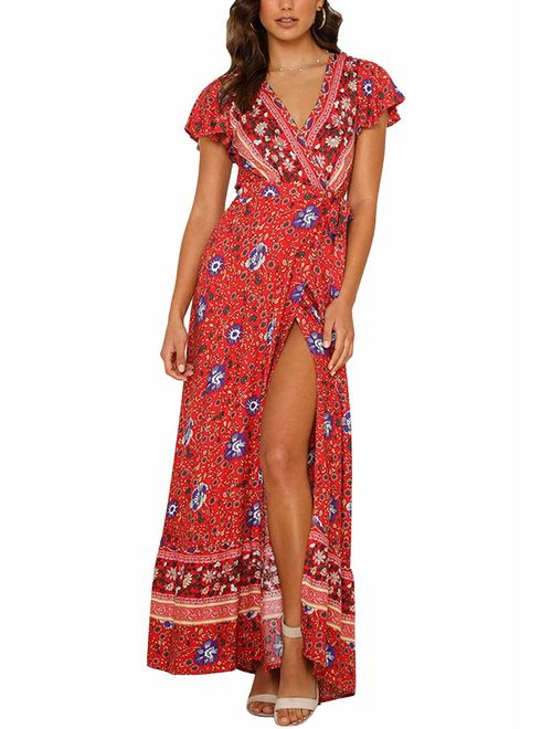 Yidarton Women's Summer Bohemian Wrap V Neck Floral Printed Short Sleeve Beach Casual Long Maxi Dresses