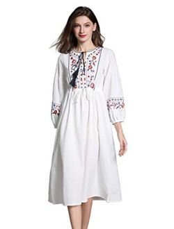Shineflow Womens Casual 3/4 Sleeve Floral Embroidered Mexican Peasant Dressy Tops Blouses Shirt Dress Tunic