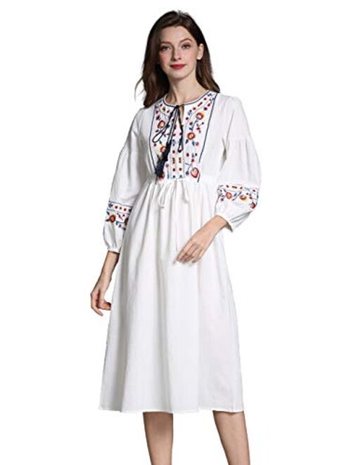 Shineflow Womens Casual 3/4 Sleeve Floral Embroidered Mexican Peasant Dressy Tops Blouses Shirt Dress Tunic