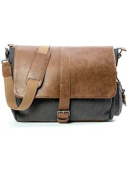 Vetelli Laptop Bag with Scratch Protection Lining, for laptops and Macbooks up to 15.6". Leather and Charcoal Grey Canvas Construction