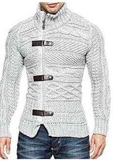 Karlywindow Men's Cable Knitted Oplique Zip Button Front Long Sleeve Cardigan Sweater