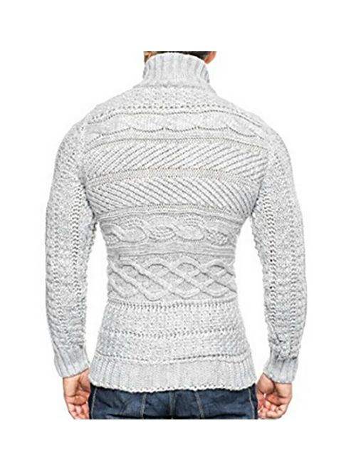 Karlywindow Mens Cable Knitted Cardigan Sweater Turtleneck Long Sleeve Slim Fit Winter Zipper Front Casual Pullover Sweaters 